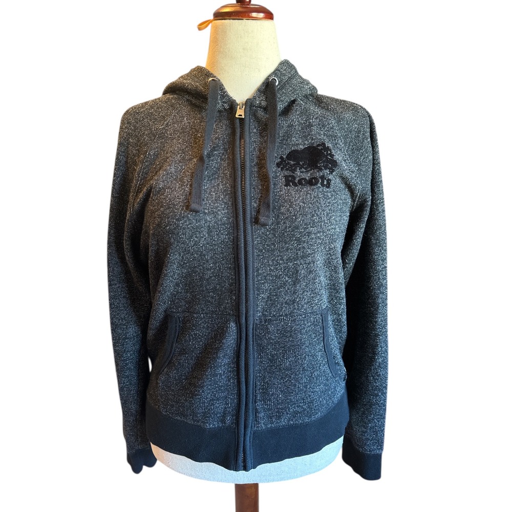 Roots Black Full Zip Hoodie | Size L | Soft Cotton Blend Maple‎ Leaf Sweatshirt